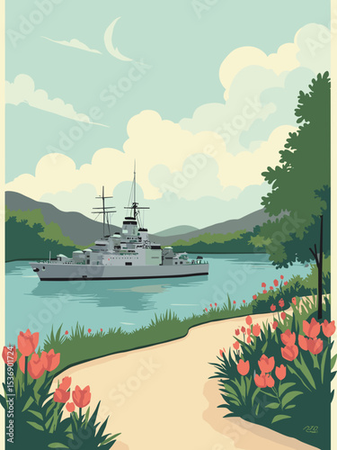 Norfolk, Virginia — Battleship Wisconsin, Botanical Garden, Waterside District in battleship grey, garden green, water blue, and cream