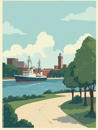Newport News, Virginia — Mariners’ Museum, Shipbuilding, Huntington Park in maritime blue, yard grey, park green, and ivory