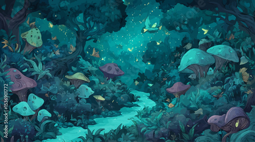 Enchanted bioluminescent forest with glowing mushrooms and magical stream creates mystical fantasy atmosphere perfect for Halloween or supernatural themes
