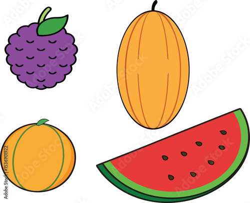 Fresh juicy bundle of mulberry, watermelon, and muskmelon on white background. Sweet seasonal summer fruits collection for healthy diet, organic market, and food concept stock photography.