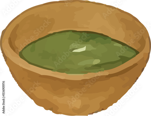 Traditional Thai green curry in a clay bowl, a rich and aromatic dish made from green chili, coconut milk, and herbs, essential in authentic Thai cuisine
