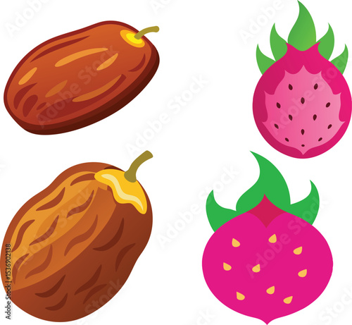 Bundle of dry date fruit and dragon date fruit fresh organic healthy natural sweet tropical snack nutritious energy food closeup isolated on white background for cooking and health