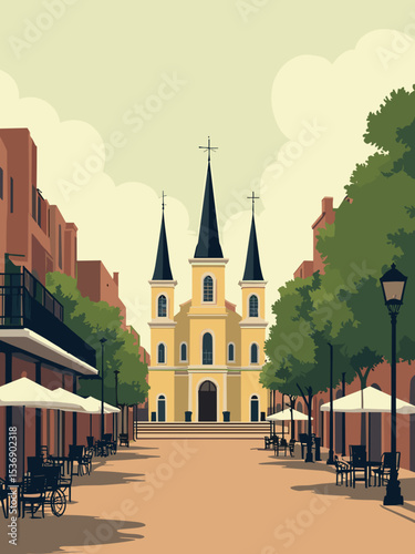 New Orleans, Louisiana — St Louis Cathedral, French Quarter, Jackson Square in bourbon brown, pastel yellow, wrought-iron black, and moss green