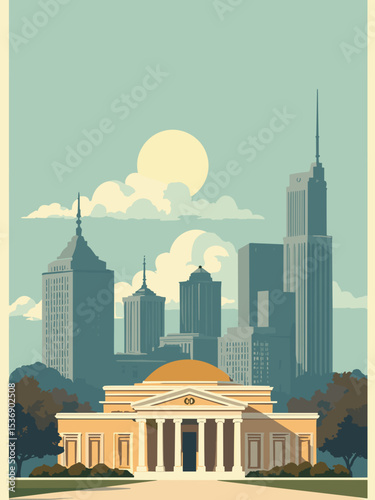 Nashville, Tennessee — Parthenon, Country Music Hall of Fame, skyline in harmony teal, music gold, skyline grey, and cream