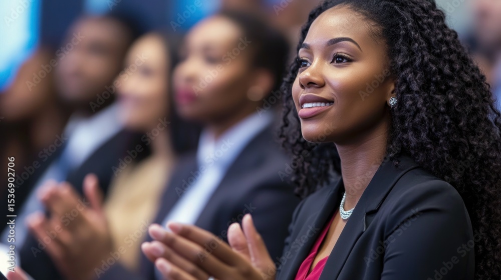 Obraz premium Diverse group applauding, focus on one woman