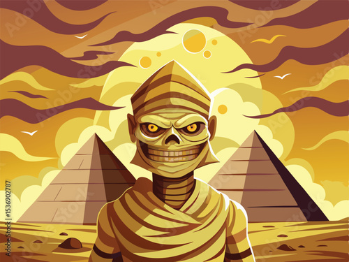 A menacing mummy, with a sinister expression and glowing yellow eyes, stands guard before two ancient pyramids in a desert landscape.