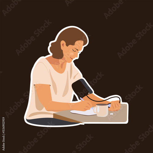 Sticker of a woman calmly checking her blood pressure – symbol of self-care at home. Flat style, soft tones, focus on health awareness.