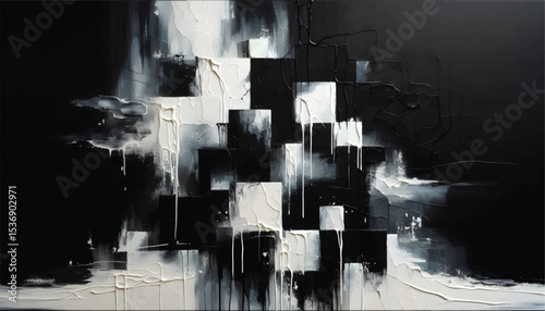  Abstract black and white painting featuring textured geometric patterns and dynamic brushstrokes, creating a dramatic and modern piece of art evoking depth.