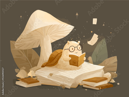 Adorable cartoon snail with glasses reading book under mushroom in magical forest setting with floating papers and warm lighting - perfect for education, learning, and fantasy themes