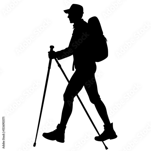 Mountain Hiker Silhouette with Trekking Poles