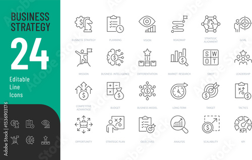 Business Strategy Line Editable Icons set. Vector illustration in modern thin line style of business related icons: planning, goal, tactics, and more. Isolated on transparent background.