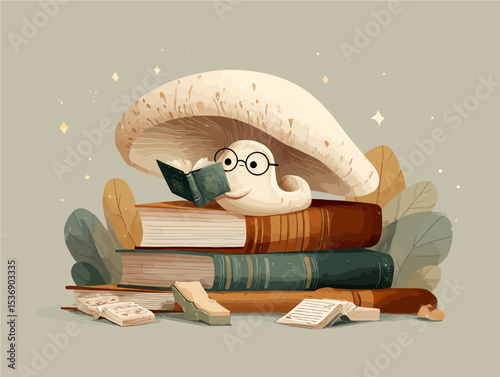 Adorable cartoon snail with glasses reading book under mushroom in magical forest setting with floating papers and warm lighting - perfect for education, learning, and fantasy themes