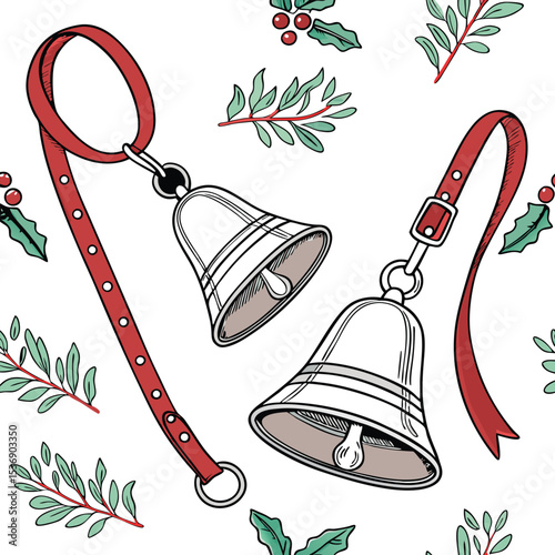 Christmas Bells and Holly Seamless Pattern