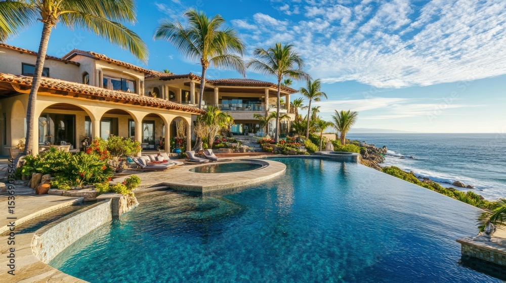 Fototapeta premium Luxurious coastal home with pool facing the stunning ocean view