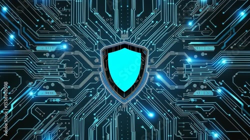 High-tech background with a digital security shield symbol and circuit board patterns, perfect for technology-themed designs