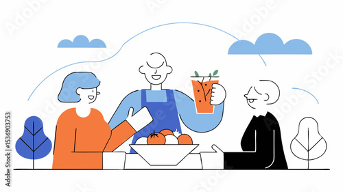 Family Meal Time Flat Illustration