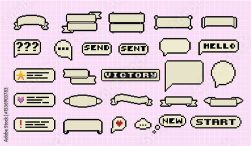 Pixel art frames. Retro 8 bit buttons, arrows, speech bubble messages and quote frame. Game UI vector template set of pixel game frame, 8 bit message illustration
