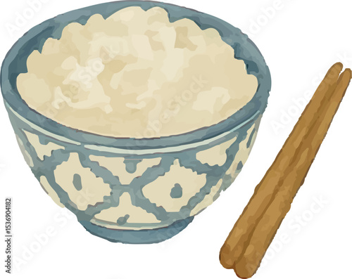 This illustration depicts a traditional Thai sticky rice served in a decorative blue-patterned bowl, accompanied by wooden chopsticks. Its soft white tones reflect the simplicity and authenticity 