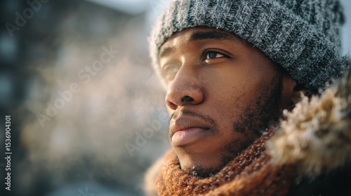 Close-up portrait of a young man wearing a thick knit turtleneck sweater, fur-lined parka, and beanie, with frosty breath visible in cold winter air