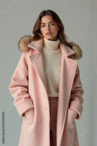 A woman dressed in a pink coat with a fur collar, great for winter scenes or fashion photoshoots