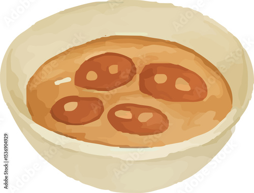This illustration depicts a traditional Thai meatball soup in a simple bowl, featuring a rich yellow broth with tender meatballs. Its warm tones and authentic style reflect the comforting flavors 