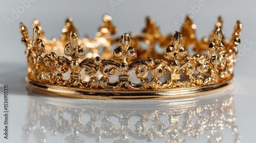Golden royal crown with shiny metallic finish, isolated on white background