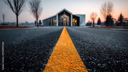 Straight urban road leading to sleek modern building under calm daylight