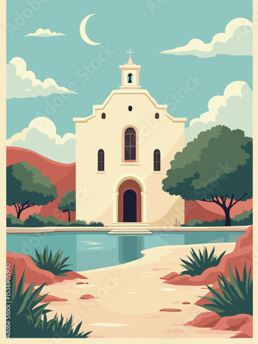 Laredo, Texas — San Agustin Cathedral, Lake Casa Blanca, Rio Grande Museum in cathedral stone, lake blue, adobe red, and cream