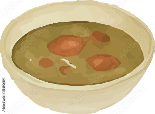 This illustration showcases a traditional Thai green curry soup in a simple bowl, featuring a rich green broth with tender meat chunks. Its earthy tones and authentic style reflect the bold flavors 