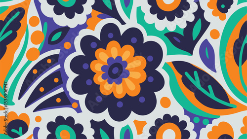 A vivid floral pattern with stylized flowers leaves and dots in a bold and colorful arrangement design