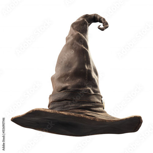 A worn, dark brown, pointed witch or wizard hat with a bent tip and stitched detailing.
