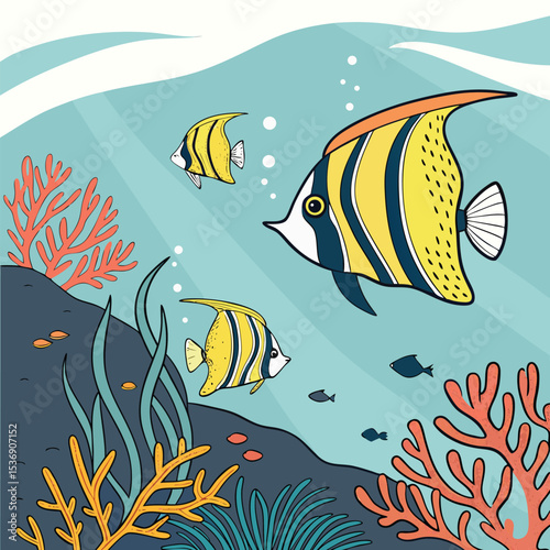 Colorful Coral Reef Scene: This captivating image shows the vibrant underwater life, a tranquil scene with schools of fish and flourishing coral reefs. 
