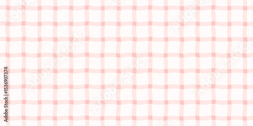 Preppy Plaid Seamless Pattern. Vector Hand-drawn Gingham Check Background in Vintage Cottagecore Style of Pastel Pink Colors for Print on Textile, Paper, Web Design