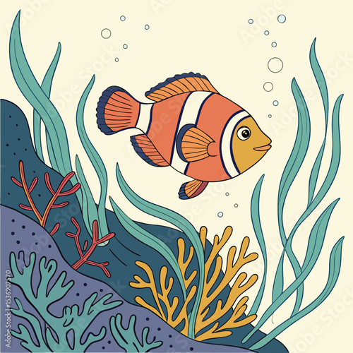Clownfish in Aquarium: A whimsical illustration showcases a charming clownfish gracefully swimming amidst vibrant aquatic plants and coral. A gentle portrayal of underwater elegance. 