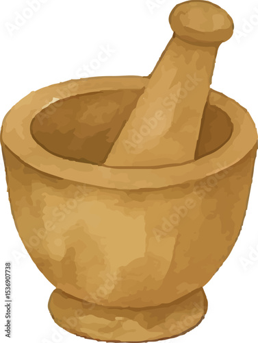 This illustration features a rustic wooden mortar and pestle, a traditional tool used in Thai cuisine to grind spices and herbs for authentic dishes. Its warm, earthy tones evoke the essence of Thai 