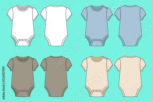 Infant Toddler Baby Short sleeve Overall Dress colour way set technical drawing fashion flat sketch front and back views outline CAD mockup.