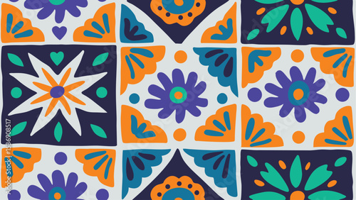 Colorful tile pattern with floral and geometric motifs in a repeating square arrangement design scheme art