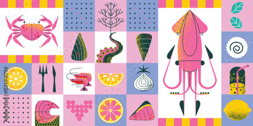 Seafood  pattern with salmon, crab, shrimp, squid, octopus
