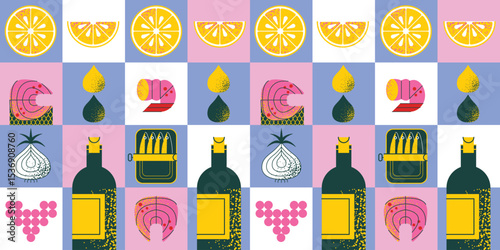 Seafood geometric pattern with salmon, sardines, shrimp, lemon