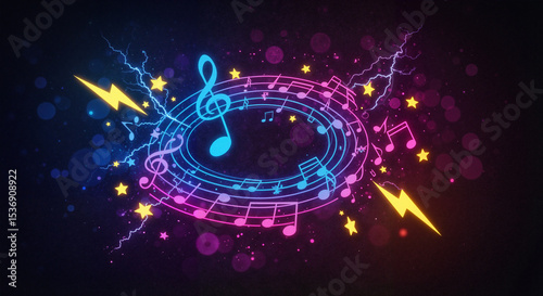 Colorful musical notes with lightning on dark background  