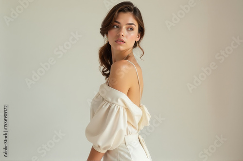 A woman poses in a white dress, looking directly at the camera