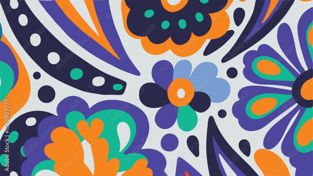 Naklejka premium Floral pattern with abstract shapes and vibrant colors including orange purple and teal on white background