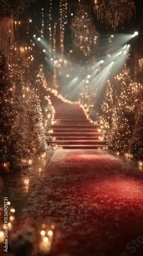 Elegant Christmas staircase adorned with festive decorations and warm lights during a holiday celebration