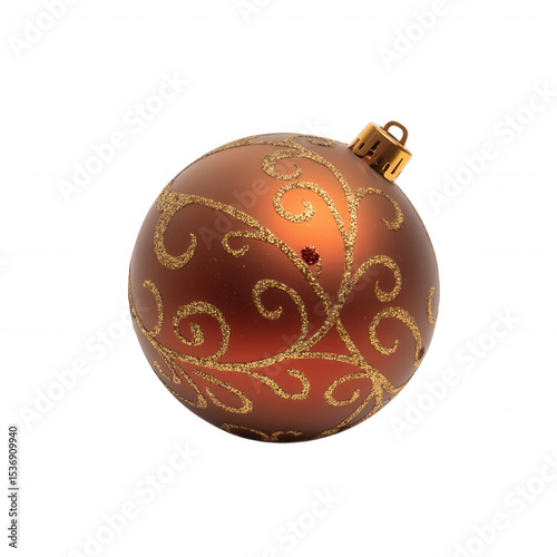 A brown Christmas ornament ball decorated with intricate gold glitter swirl patterns and a gold cap hanger.