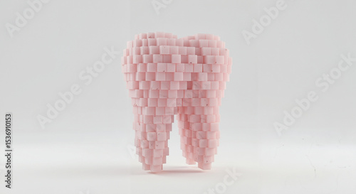 Cube-shaped pink tooth made of sugar cubes on a neutral background  