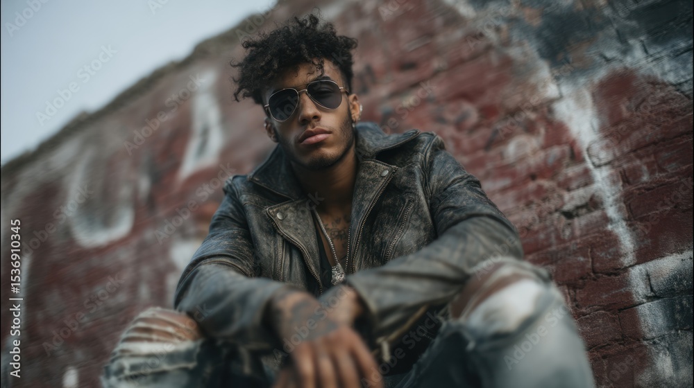 Obraz premium Edgy fashion look featuring a young adult in a leather jacket, ripped jeans, and bold sunglasses, leaning against a brick wall with attitude