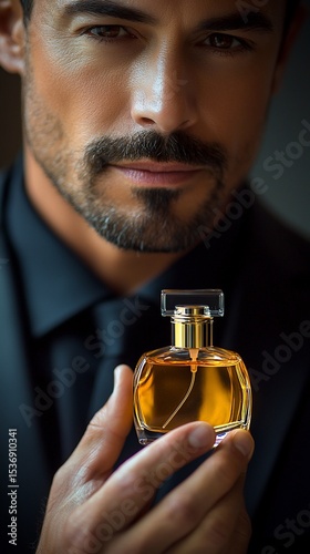Close-up of a man holding a perfume bottle