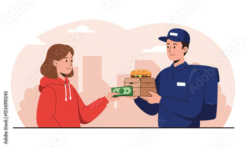 A woman pays for an order to the courier