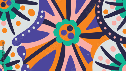 Colorful abstract floral pattern with teal flower center and radiating shapes in orange and purple hues design