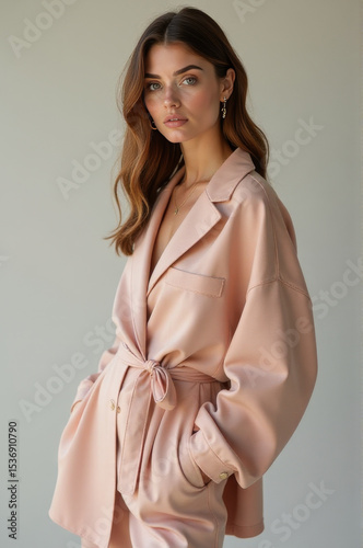 A person wearing a bright pink coat and matching pants, likely for casual or outdoor use